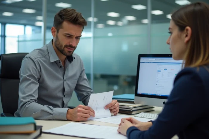 Étudiant consultant un responsable administratif pour choisir son nom sur un diplôme