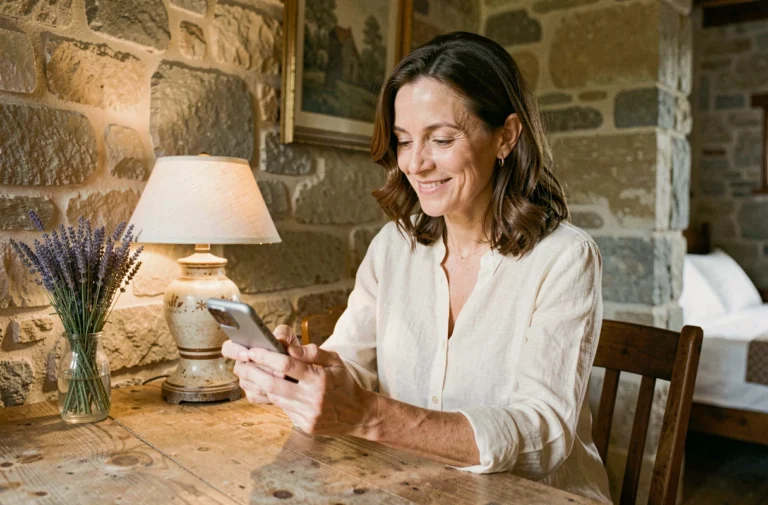 Femme contactant une maison d'hôtes à Gevrey-Chambertin depuis son smartphone dans un cadre en pierre authentique
