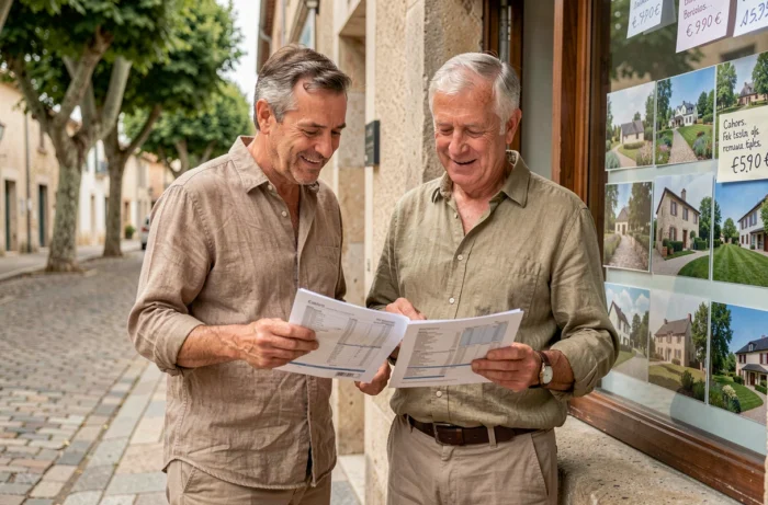 Couple consultant des annonces immobilières dans une agence à Cahors dans le département du Lot