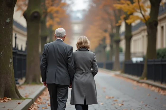 Couple élégant se promenant sur une avenue arborée parisienne en automne, illustrant la discrétion et la vie privée d'une personnalité connue