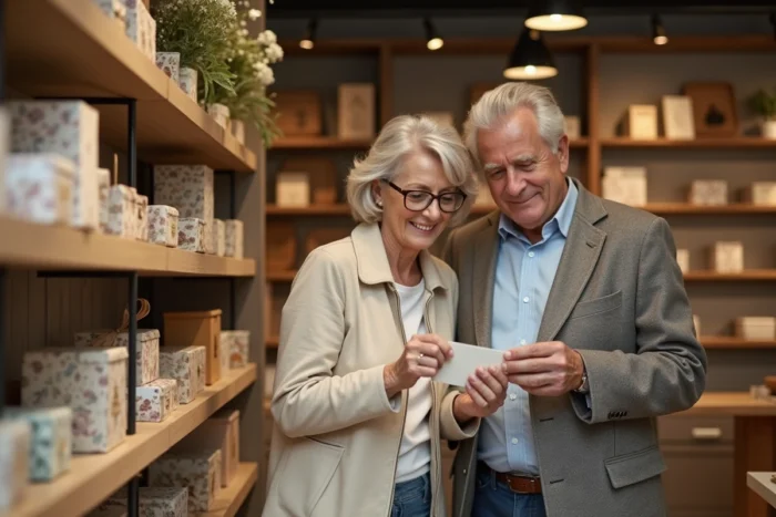 Couple d'une cinquantaine d'années choisissant ensemble un cadeau de mariage pour leur neveu dans une boutique de cadeaux
