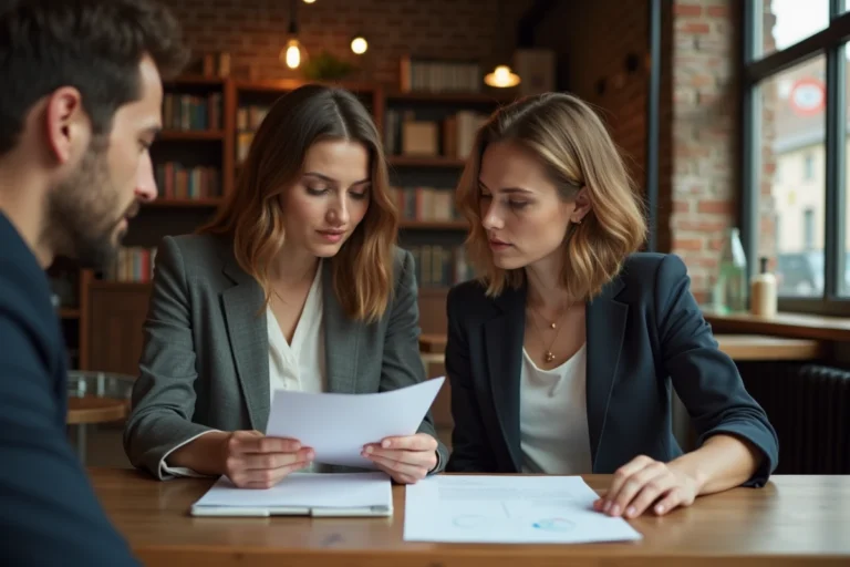 Couple de professionnels collaborant autour de documents dans un café urbain, illustrant l'influence du partenaire sur la carrière