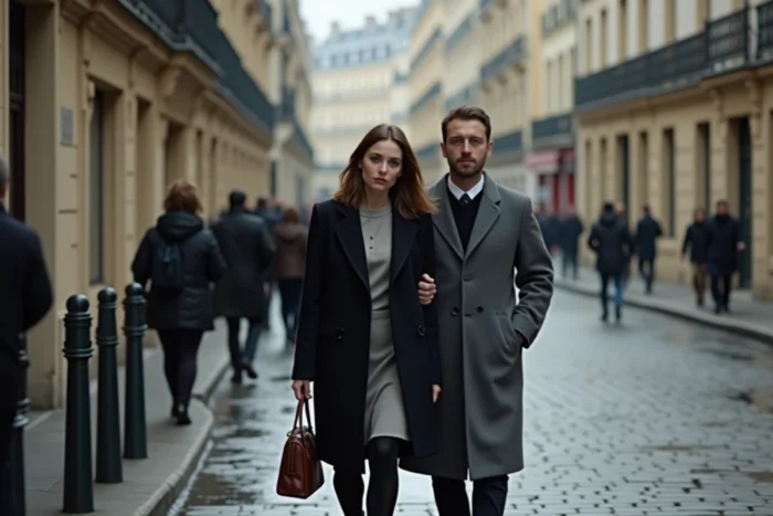 Couple marchant discrètement dans une rue parisienne, illustrant la protection de la vie privée face aux médias