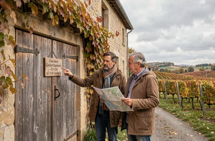 Couple consultant les informations de contact d'une maison d'hôtes à Gevrey-Chambertin devant la façade en pierre et les vignes