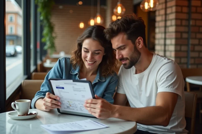 Couple consultant une réservation Ryanair sur tablette et documents imprimés dans un café urbain