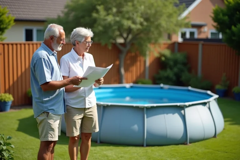 Couple examinant les dimensions d'une piscine hors-sol non imposable dans un jardin résidentiel