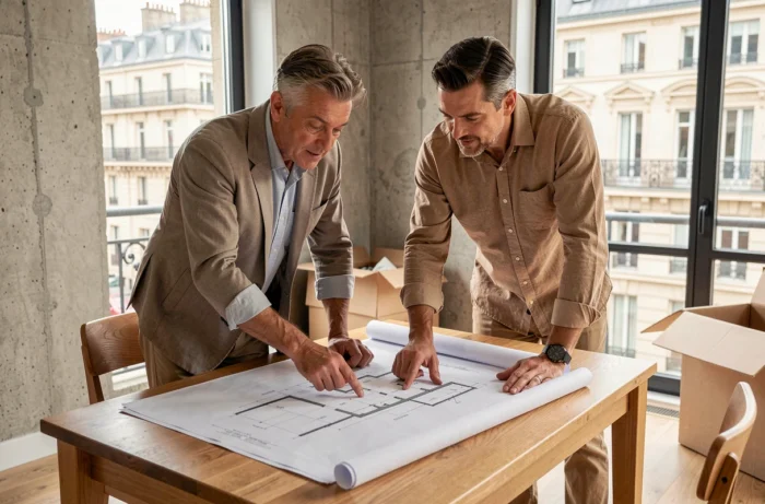 Couple étudiant des plans architecturaux pour leur projet immobilier dans un appartement moderne à Paris