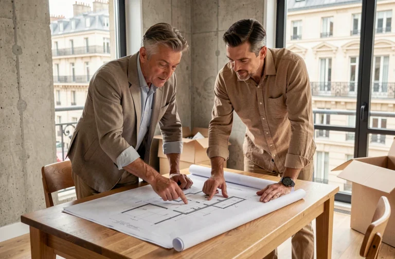Couple étudiant des plans architecturaux pour leur projet immobilier dans un appartement moderne à Paris