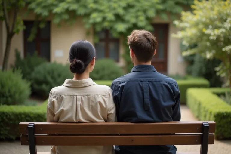 Couple préservant leur vie privée dans un jardin discret, tournant le dos à l'objectif dans une atmosphère intime et naturelle