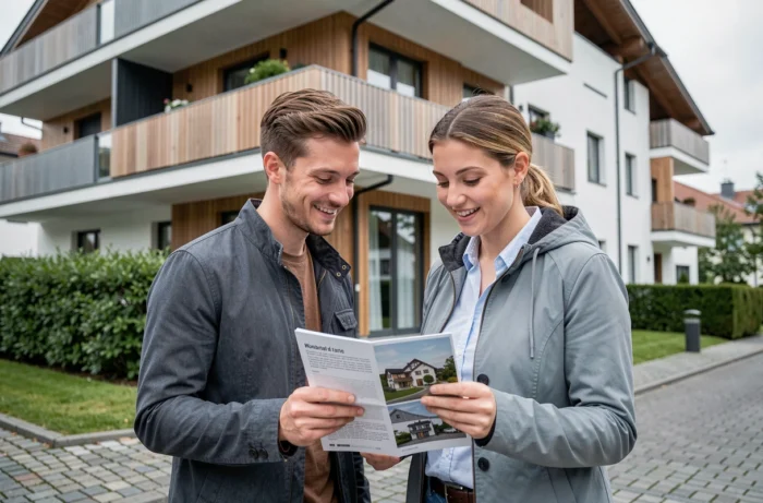 Couple visitant un immeuble résidentiel moderne en Suisse avec une brochure immobilière