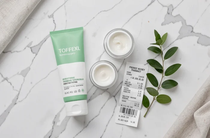 Flat-lay de crème dermatologique avec ordonnance et ticket de pharmacie sur marbre blanc