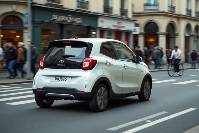 Dacia Towny 2025 blanche en circulation dans un carrefour urbain animé en France