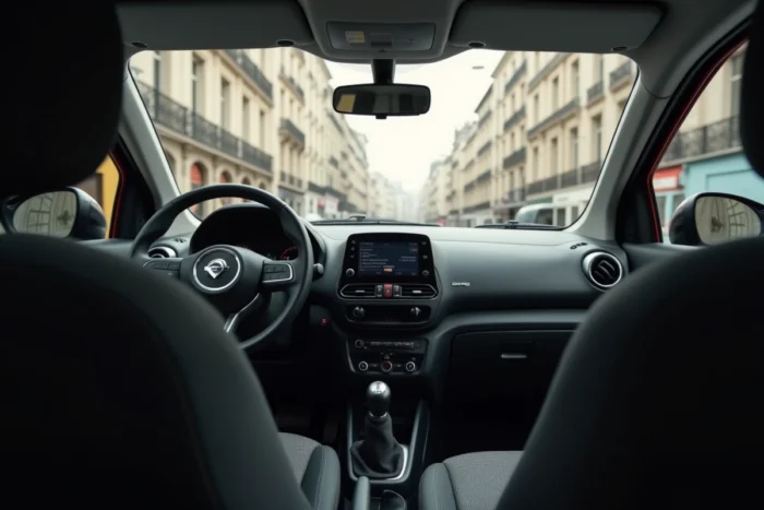 Intérieur minimaliste de la Dacia Towny 2025 avec tableau de bord simple et sièges en tissu gris