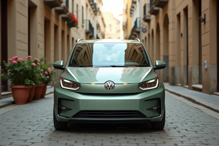 Dacia Towny 2025 sage green garée dans une rue pavée européenne, vue 3/4 avant