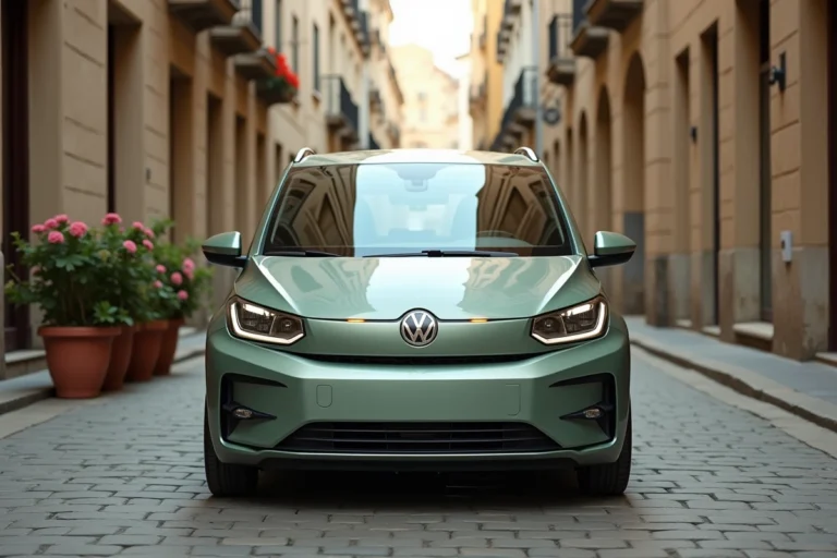 Dacia Towny 2025 sage green garée dans une rue pavée européenne, vue 3/4 avant