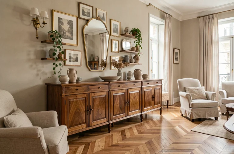 Vue d'ensemble d'un salon élégant avec un buffet en bois surmonté d'une décoration murale soignée mêlant miroirs, cadres et objets décoratifs
