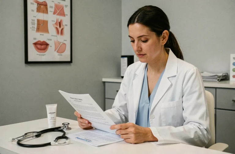 Dermatologue en consultation examinant un dossier patient avec une crème dermatologique posée sur le bureau