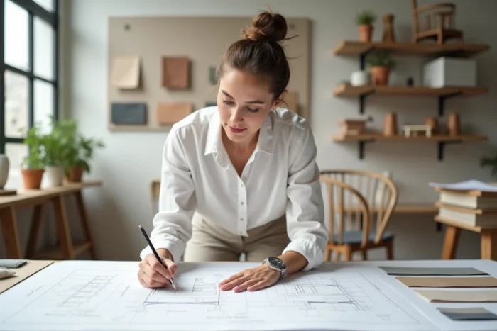 Designer travaillant sur les plans techniques de mobilier de jardin Hespéride dans un studio de conception