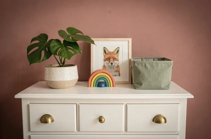 Détail décoratif d'une commode en bois blanc dans une chambre d'enfant avec poignées en laiton, plante monstera et jouet arc-en-ciel en bois sur fond rose poudré