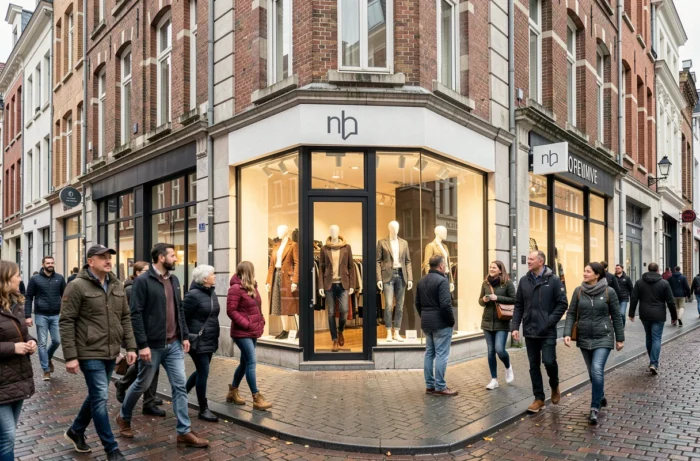 Devanture d'une boutique de mode tendance dans une rue commerçante animée d'une ville belge