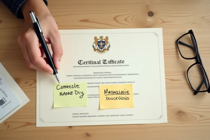 Diplôme universitaire avec champ de nom à compléter et notes manuscrites pour le choix du nom d'usage