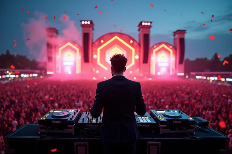 DJ professionnel derrière sa console sur une grande scène de festival en plein air devant une foule massive au crépuscule