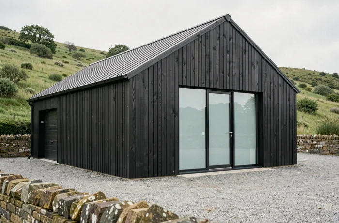 Double garage au toit à pignon habillé de panneaux en bois de mélèze teintés anthracite, avec fenêtres en verre dépoli et cadre acier noir, intégré dans un paysage rural verdoyant