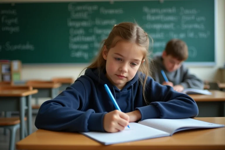 Élève de 5ème en train de rédiger un devoir de français dans une salle de classe