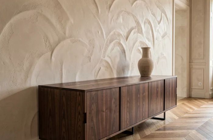 Mur signature recouvert d'un enduit texturé en tadelakt couleur argile au-dessus d'un buffet en noyer sombre dans un salon raffiné