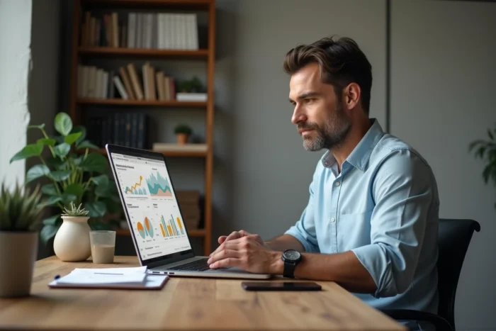 Entrepreneur concentré travaillant sur une stratégie marketing personnalisée depuis son bureau à domicile