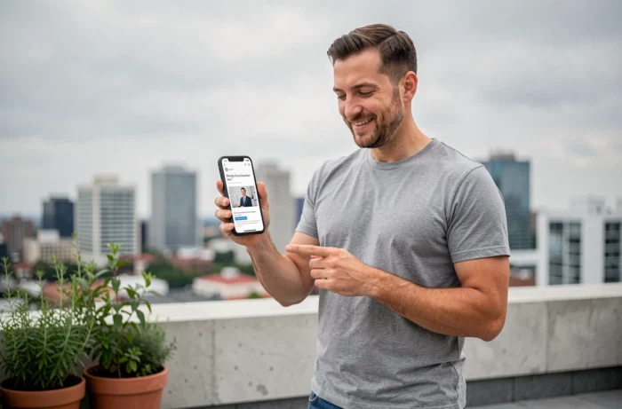 Entrepreneur consultant son site web sur smartphone depuis une terrasse urbaine avec vue sur la ville