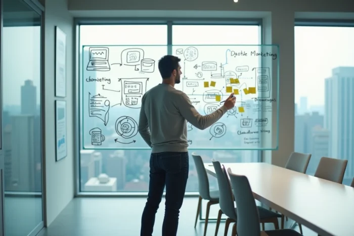 Entrepreneur masculin présentant une stratégie marketing digitale sur tableau blanc dans une salle de réunion moderne