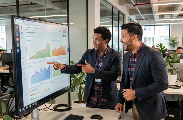 Équipe de professionnels analysant le pic de recherches virales du mot-clé tarenoi sur un tableau de bord