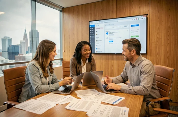 Équipe de collègues collaborant sur la digitalisation de documents administratifs autour d'une table de conférence avec laptops et projection numérique