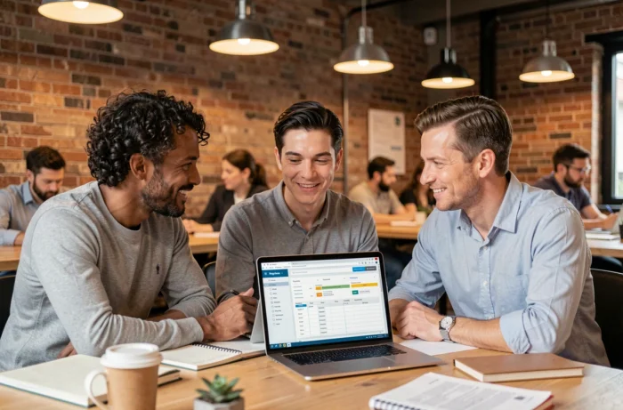 Équipe de collègues collaborant sur des outils bureautiques partagés dans un espace de coworking moderne