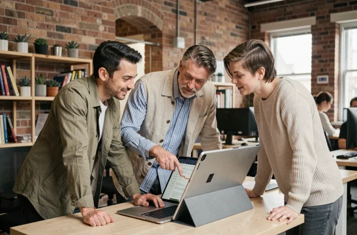 Équipe de professionnels collaborant sur une stratégie de présence web dans un espace de coworking moderne