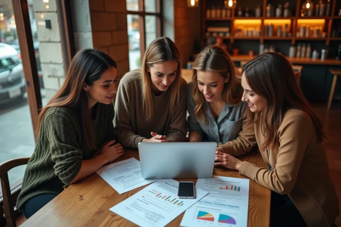 Équipe marketing diversifiée collaborant sur une stratégie de visibilité en ligne dans un café urbain