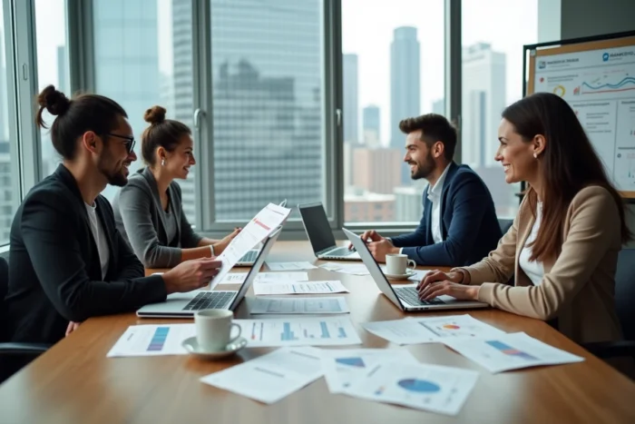 Équipe de professionnels réunis en réunion stratégique autour d'une table avec des plans marketing