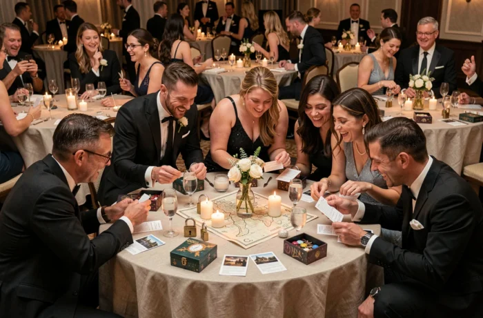 Invités d'un mariage jouant à un escape game nomade autour des tables de réception, résolvant des énigmes avec des cadenas et des indices mystérieux