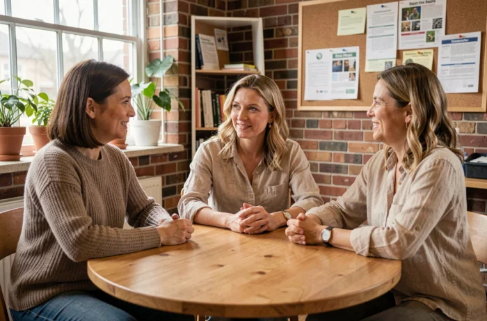 Trois femmes discutant autour d'une table dans un espace communautaire de soutien pour femmes