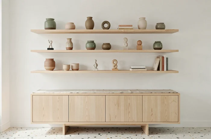 Étagères murales fines en chêne naturel disposées au-dessus d'un buffet minimaliste, garnies de céramiques artisanales et de petits objets décoratifs