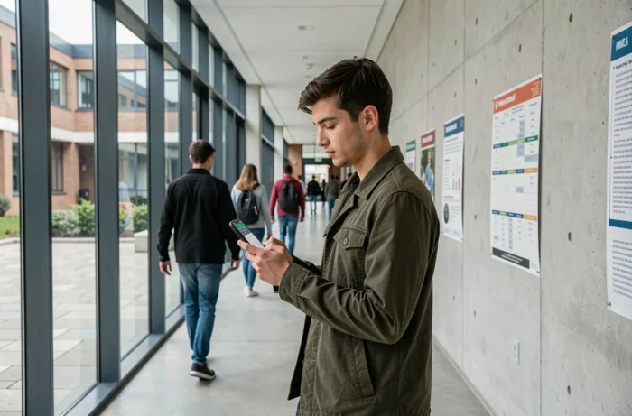 Étudiant consultant son emploi du temps numérique sur smartphone dans un couloir de l'Université d'Angers