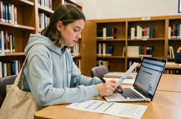 Étudiante consultant son emploi du temps universitaire à la bibliothèque de l'Université d'Angers