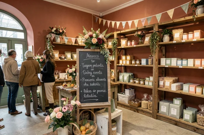 Espace événementiel de la boutique Agathe avec ardoise annonçant les prochains événements et nouvelles collections