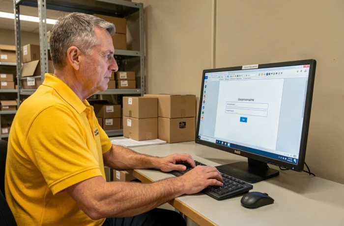 Facteur de La Poste accédant à l'extranet gta depuis un poste informatique en back-office
