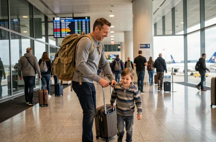 Père et enfant traversant un terminal d'aéroport international avec des bagages lors d'un départ en voyage