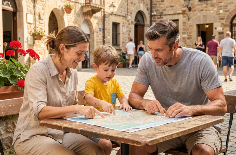 Famille de quatre personnes consultant une carte papier à une table de café en Europe lors d'un voyage