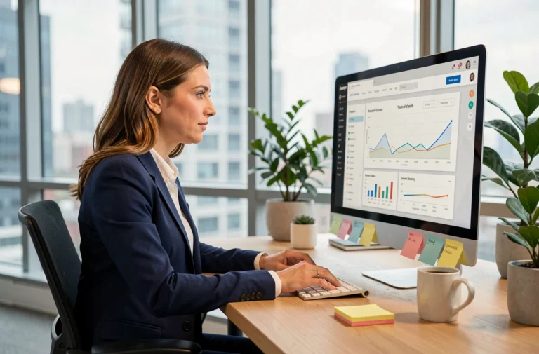 Femme professionnelle analysant des statistiques de présence en ligne sur un écran d'ordinateur dans un bureau moderne
