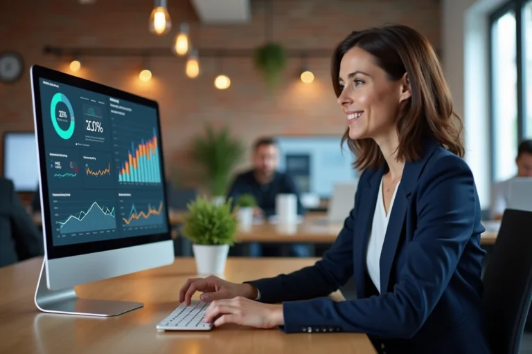 Femme analyste marketing examinant des données de visibilité en ligne sur un écran dans un bureau moderne