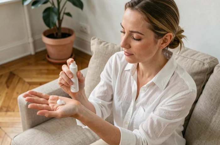 Femme appliquant une crème dermatologique sur sa main dans un appartement parisien